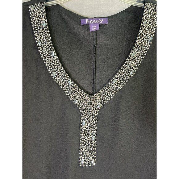 Black Roaman's Womens 22W Dress Embellished Beaded Neck Drape Chiffon A-Line - Picture 2 of 9